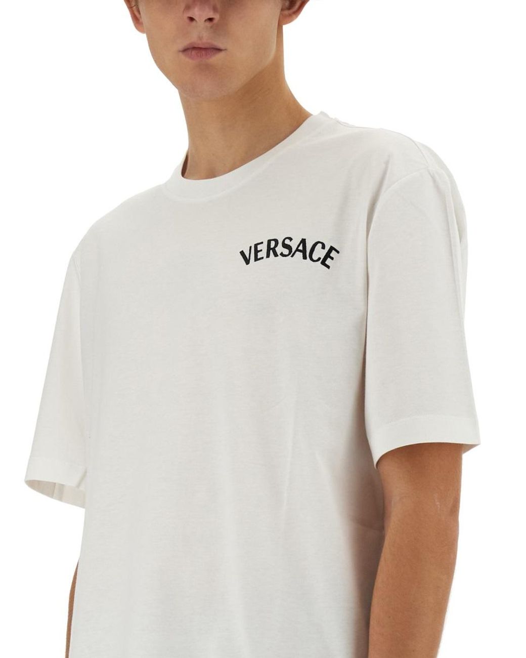 Versace Gray Versace Logo-Embroidered Cotton T-Shirt for men