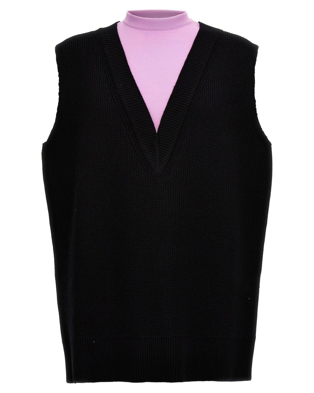 Jil Sander Black Wool Blend Knit With Contrast Neck Insert Vest