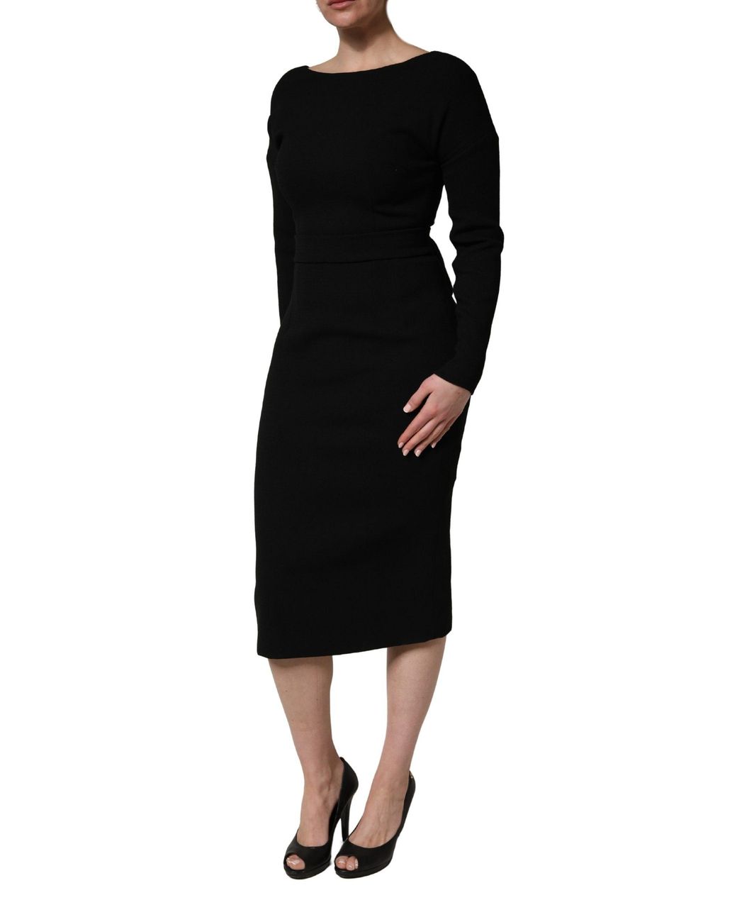Dolce & Gabbana Black Wool Crepe Long Sleeves Midi Dress Virgin Nylon Elastane