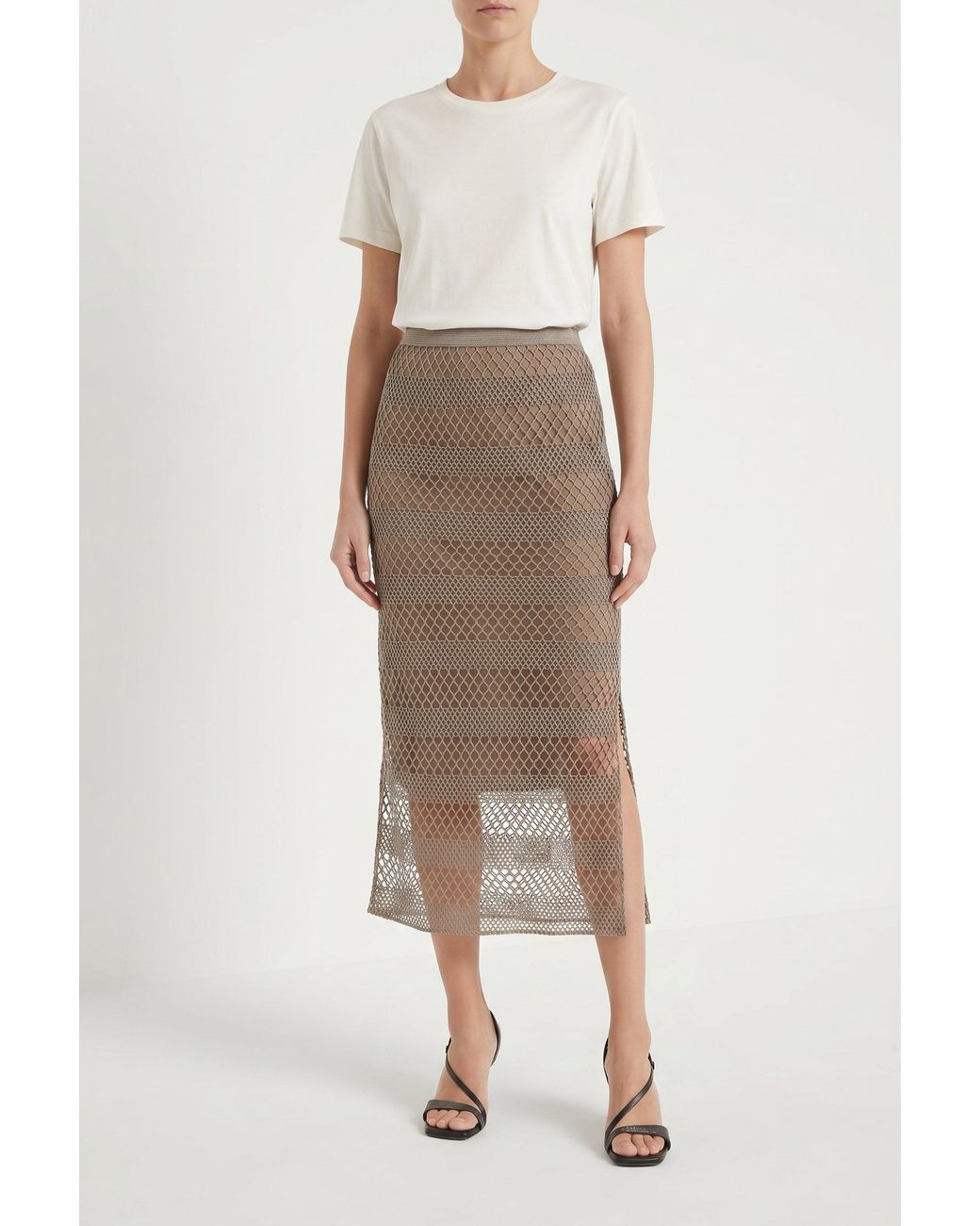 Brunello Cucinelli Natural Taupe Mesh Midi Skirt