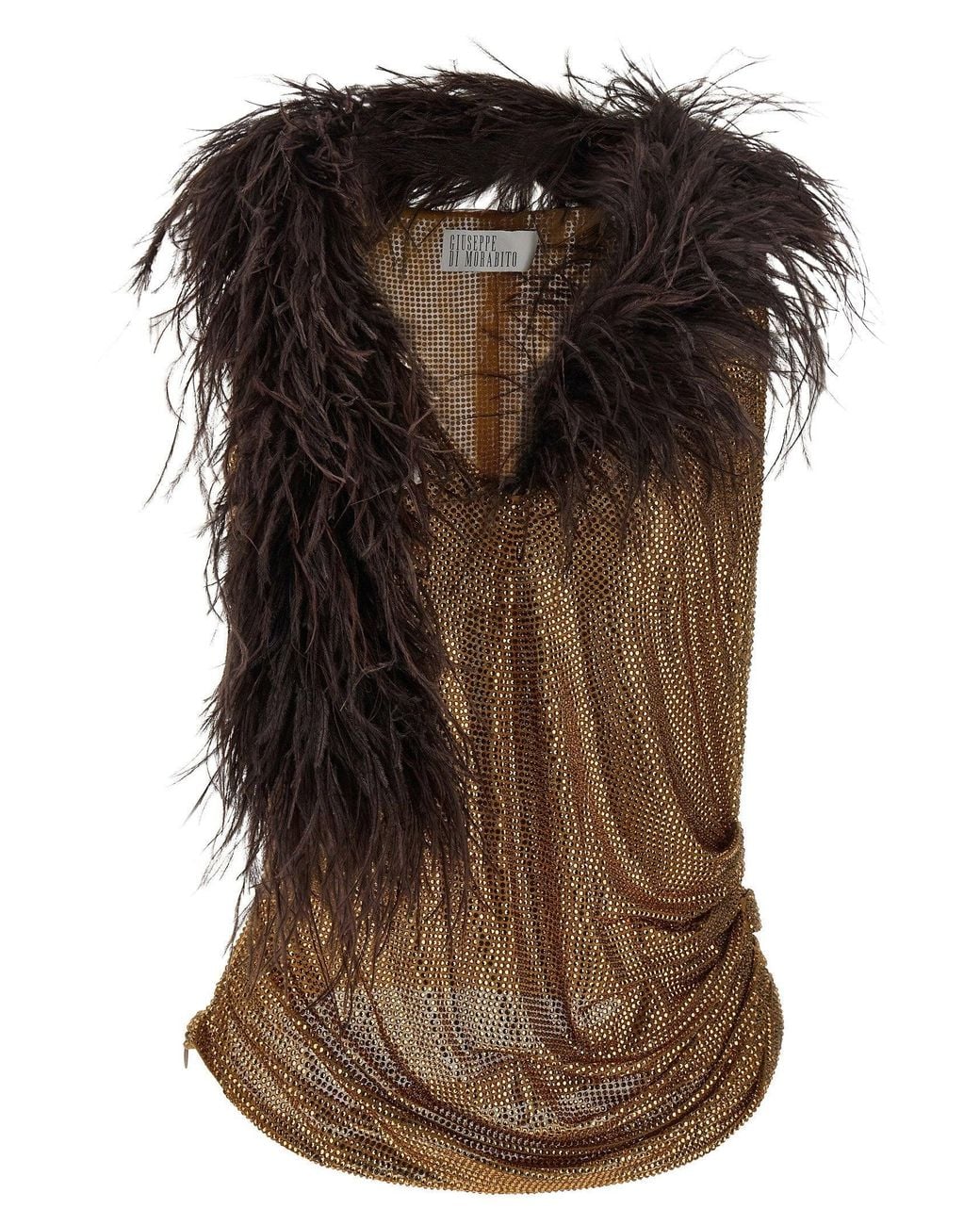GIUSEPPE DI MORABITO Brown Feather-Trimmed Mesh Tank Top