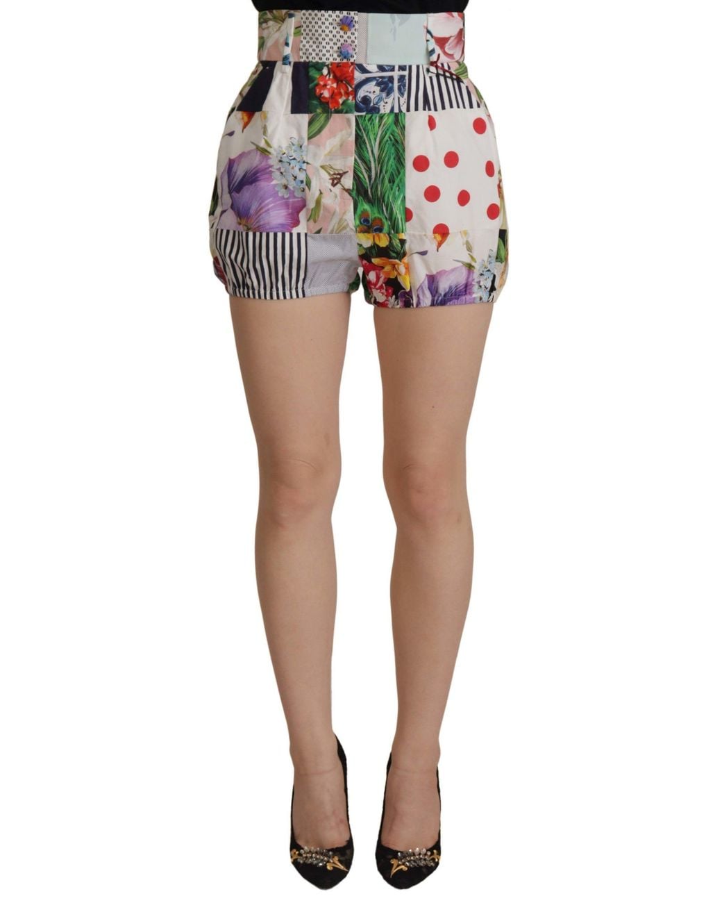Dolce & Gabbana Black Patchwork High Waist Designer Short