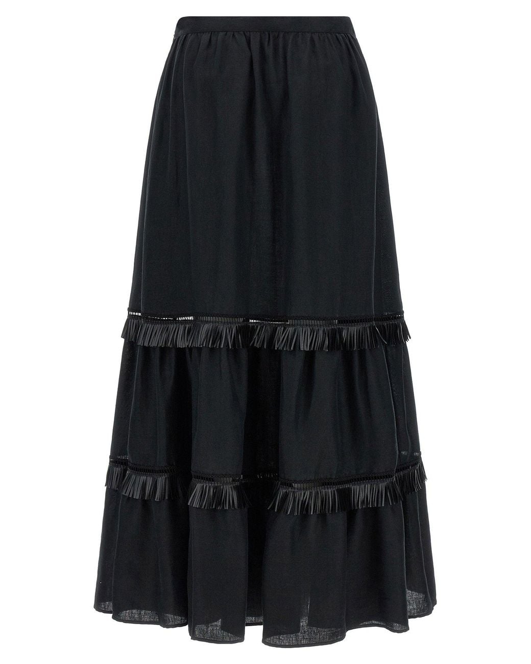Kiton Black Fringed Linen Skirt