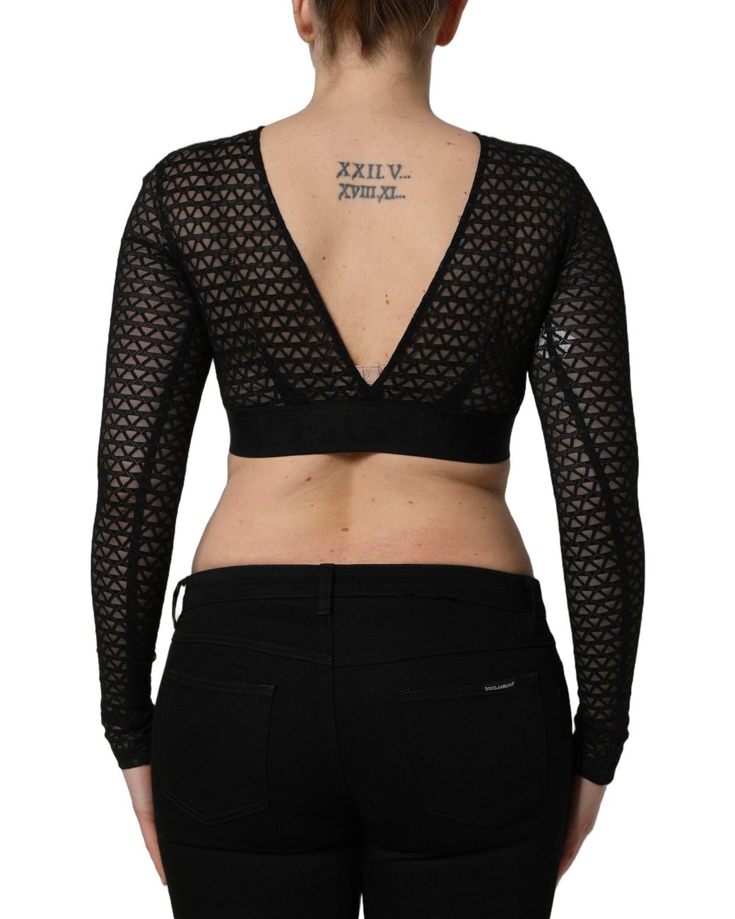 Dolce & Gabbana Black Nylon Fishnet Long Sleeve Cropped Top Acrylic Wool