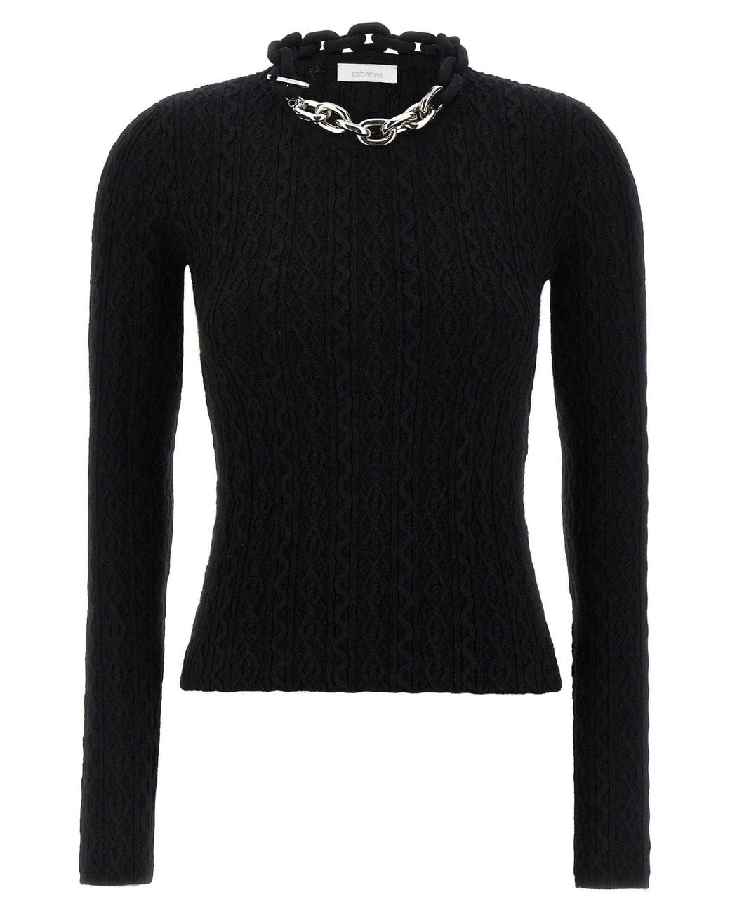 Rabanne Black Ribbed Wool-Cashmere With Chain Neckline Sweater