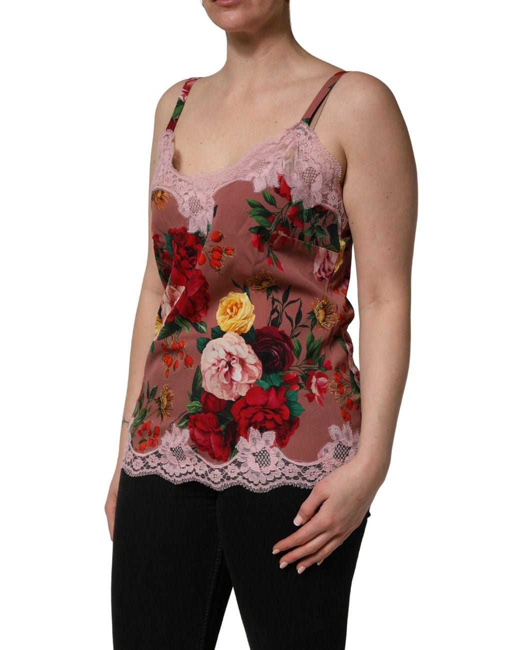 Dolce & Gabbana Red Rose Print Satin Lace Camisole Tank Top Cotton Elastane Nylon Silk