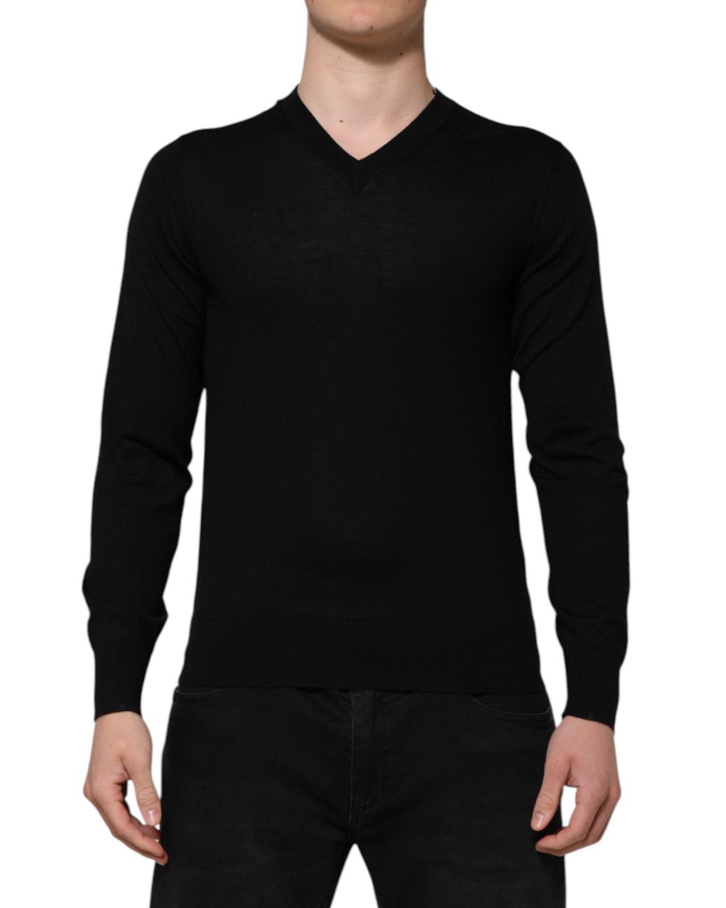 Dolce & Gabbana Black Vneck Wool Long Sleeve Knit for men