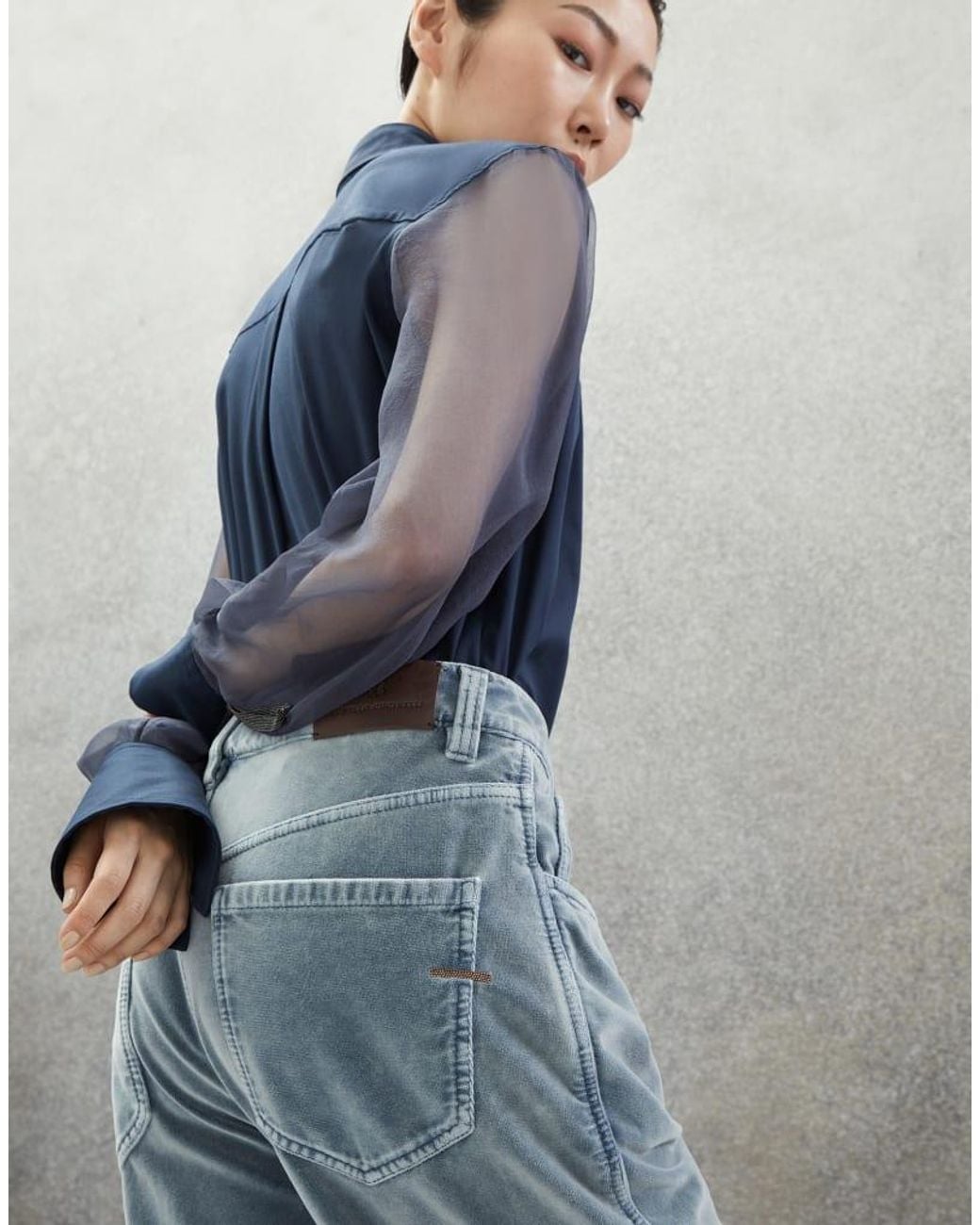 Brunello Cucinelli Blue Velvet Wide Leg Cotton Trousers