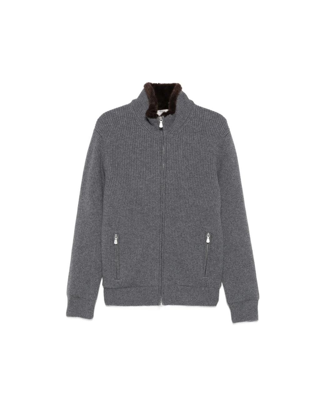 Barba Napoli Gray Fur-Trim Ribbed-Knit Jacket for men