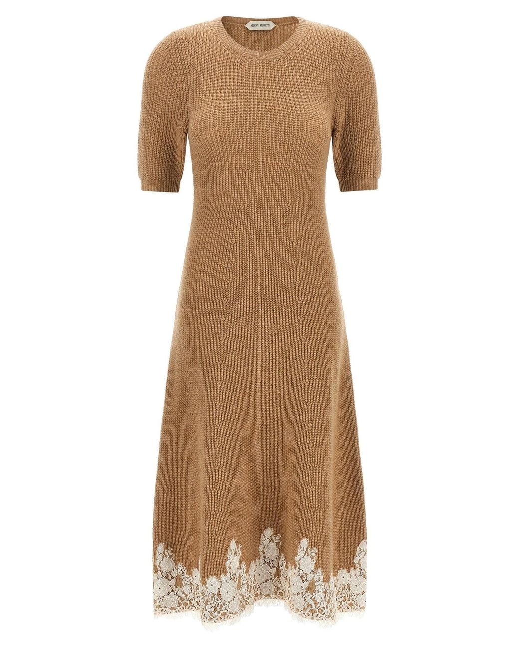 Alberta Ferretti Natural Lace-Trimmed Ribbed Knit Dress