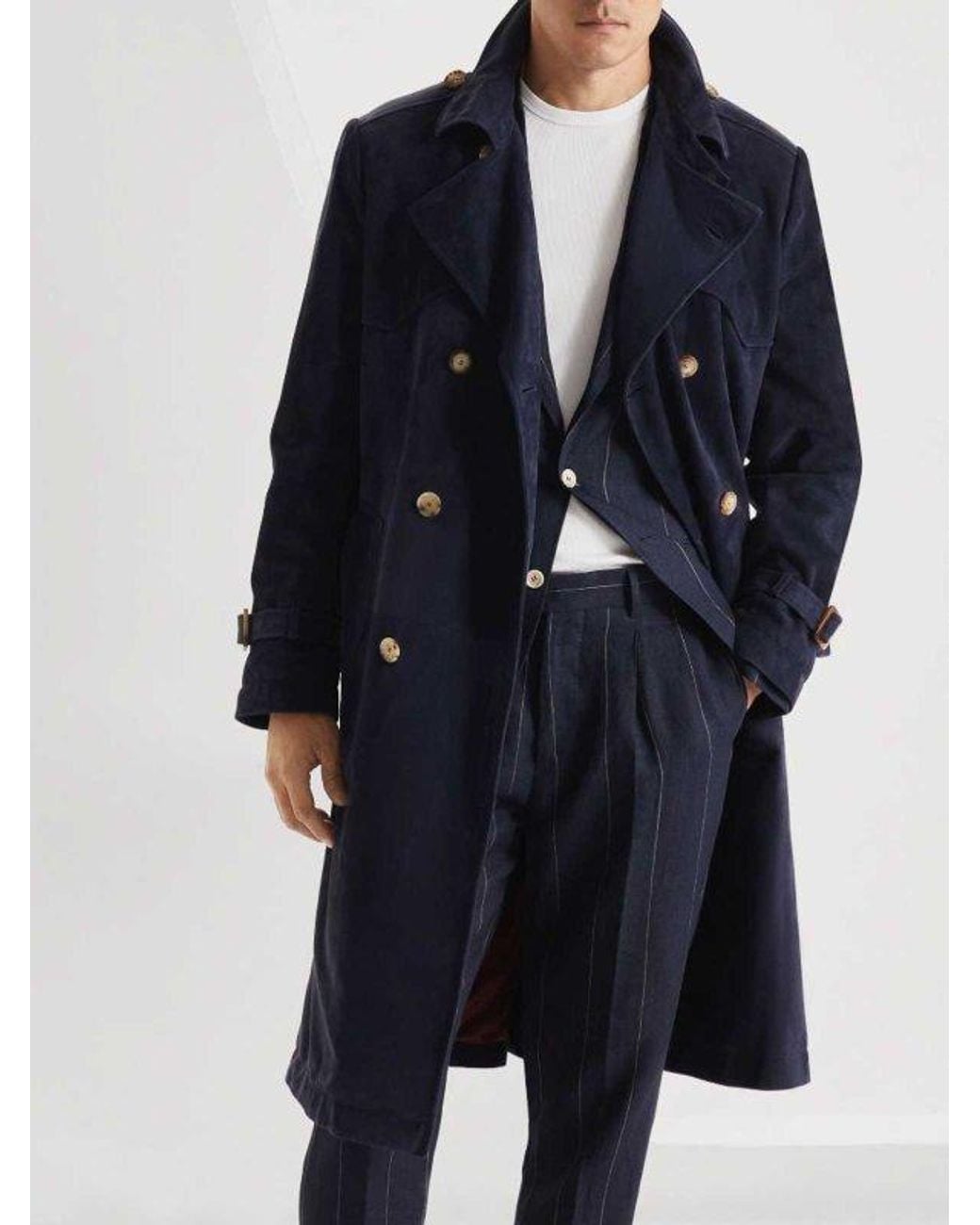 Brunello Cucinelli Blue Leather Trench Coat for men