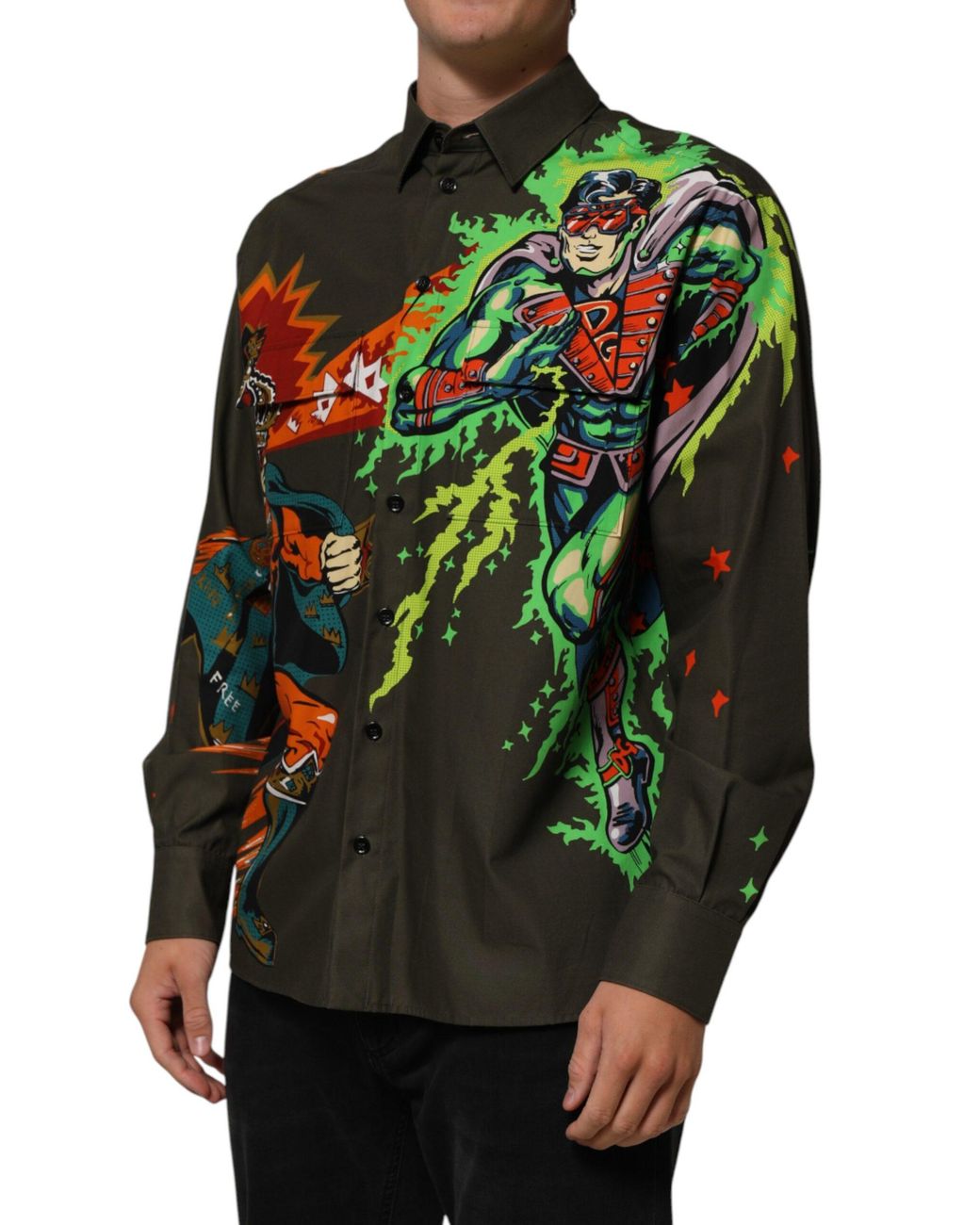 Dolce & Gabbana Black Superhero Print Button Down Shirt for men