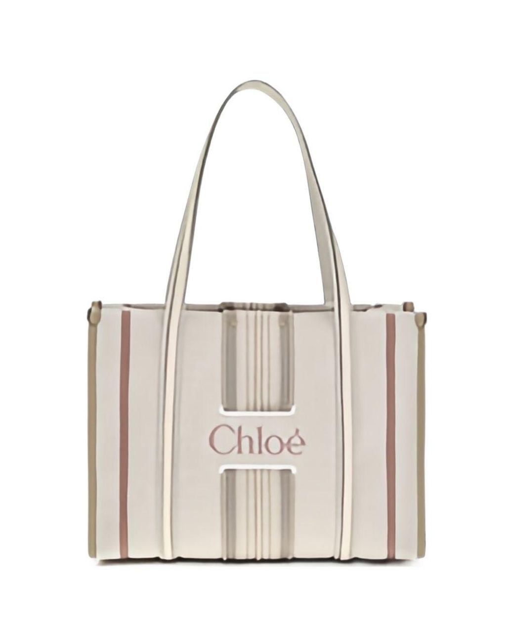 Chloé White Striped Linen Shoulder Bag
