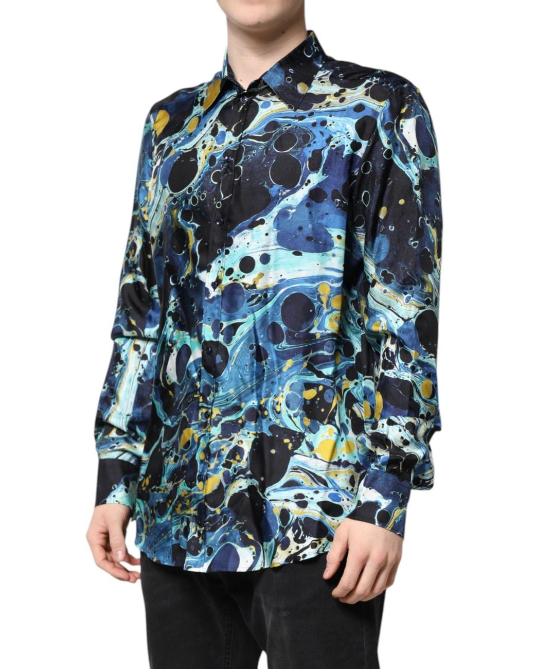 Dolce & Gabbana Blue Marble Print Martini Dress Formal Shirt for men