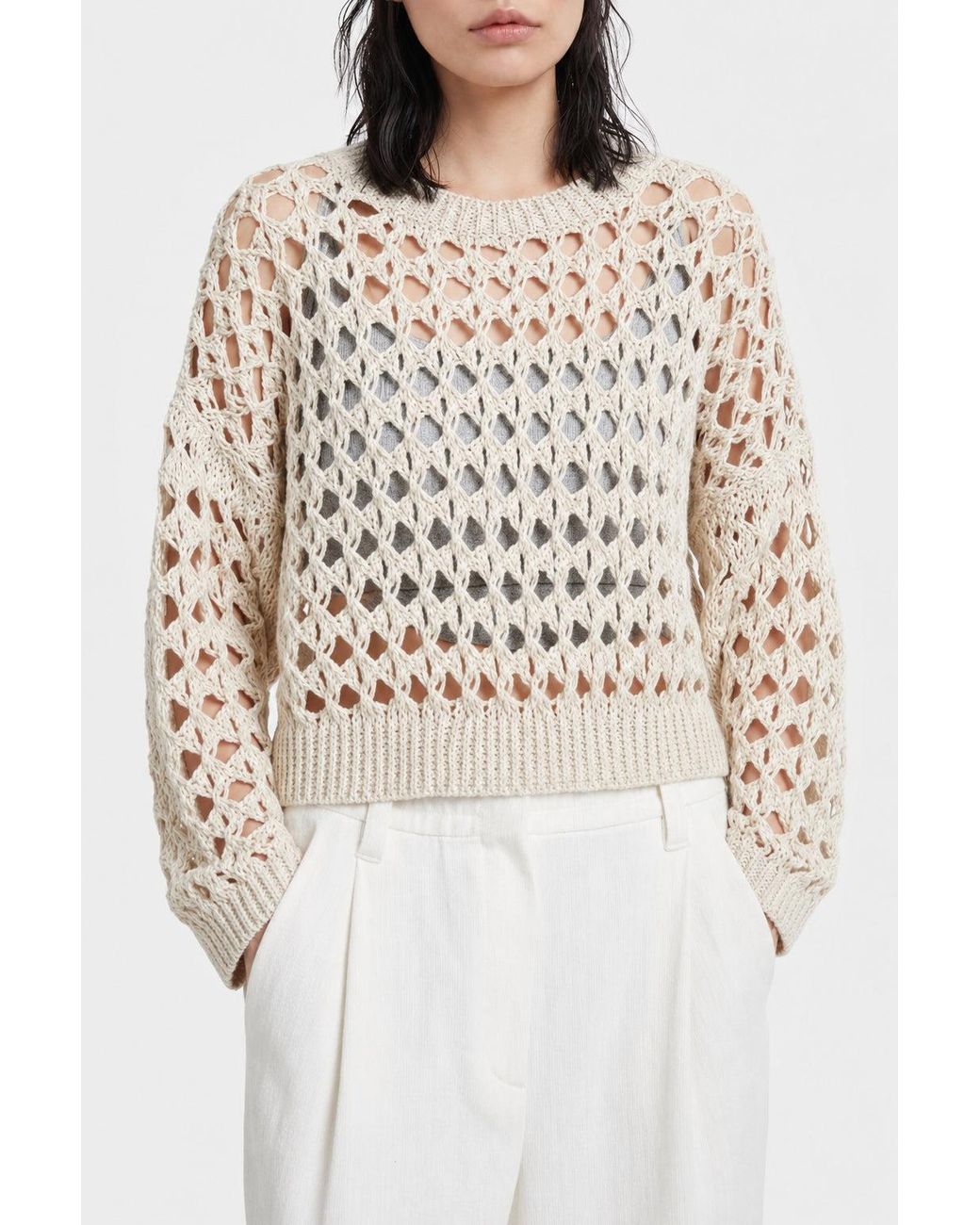 Brunello Cucinelli White Openwork Knit Sweater
