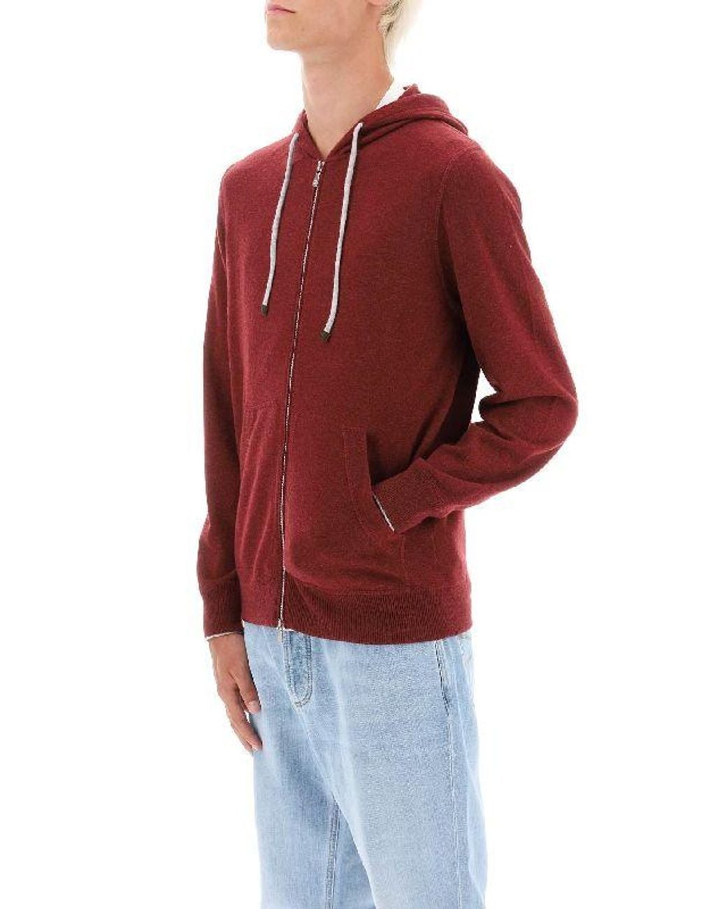 Brunello Cucinelli Red Wool Zip Hoodie for men