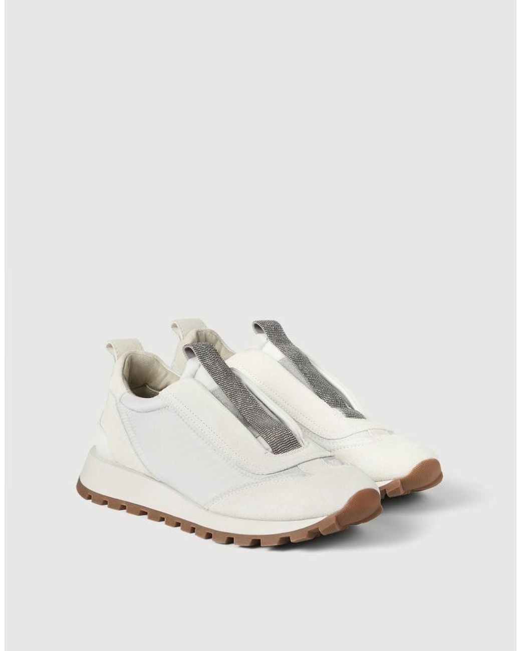 Brunello Cucinelli White Bianco Leather Slip On Sneakers