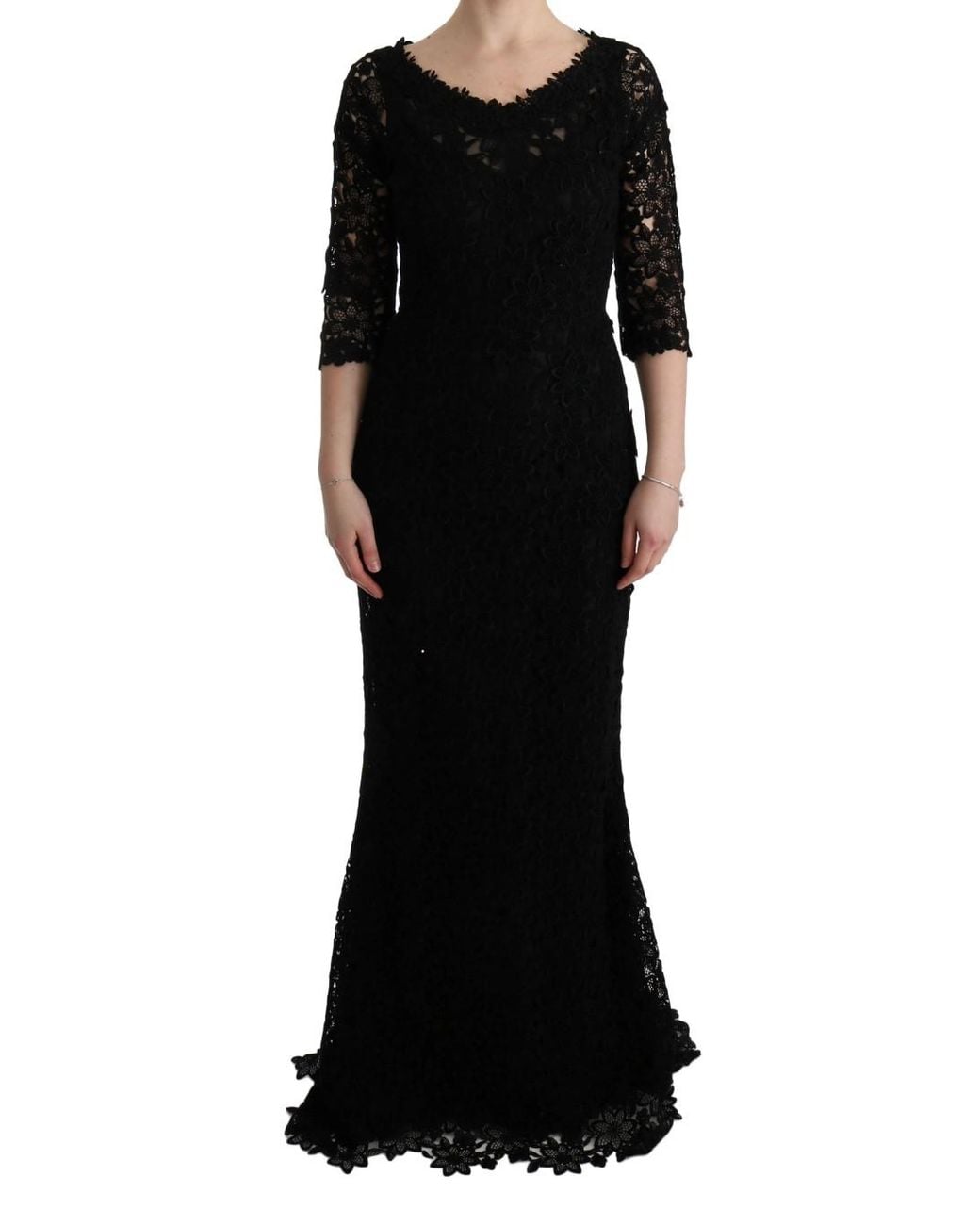 Dolce & Gabbana Black Lace Long Dress Slim Fit Round Neck