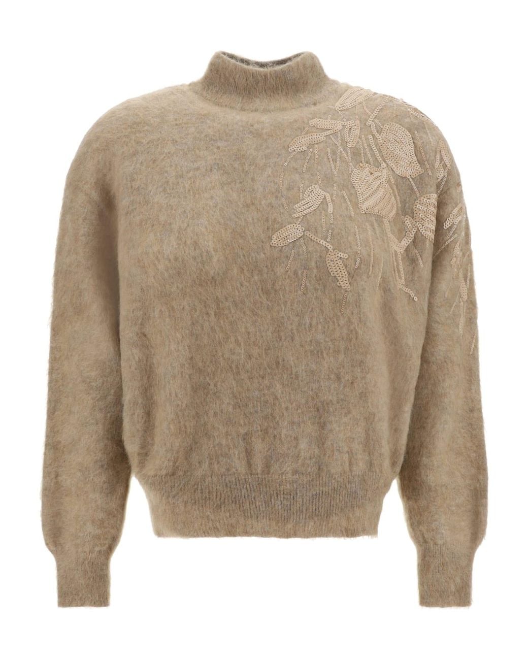 Brunello Cucinelli Natural Warm Wool Mohair Blend Embellished Sweater Clothing