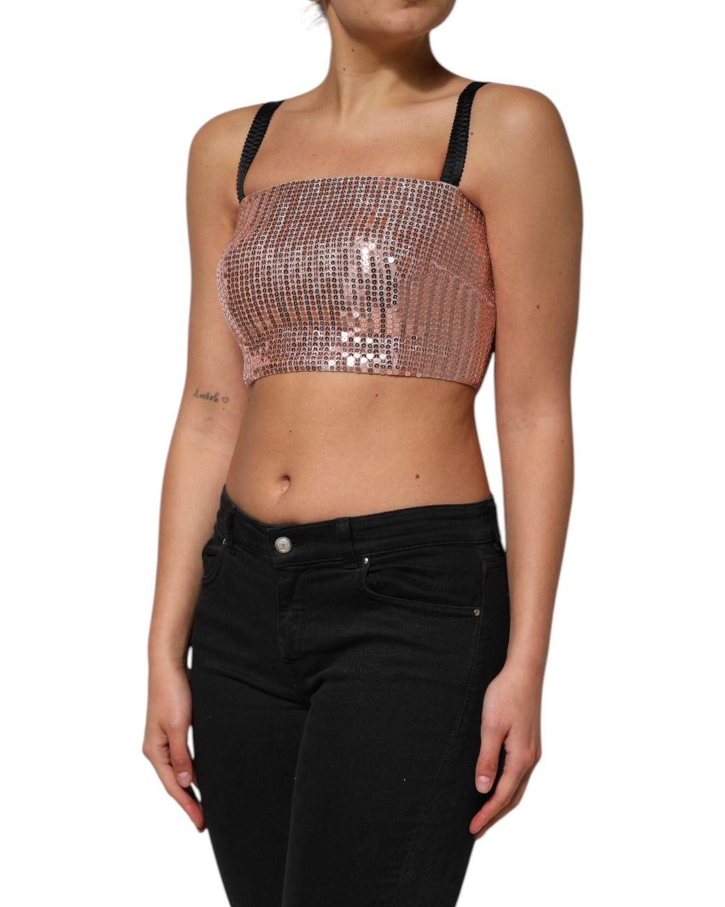 Dolce & Gabbana Black Sequined Nylon Sleeveless Cropped Top