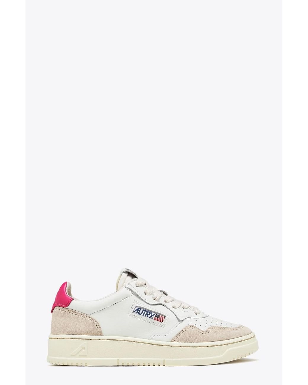 Autry 01 Low Wom Leat Suede Wht/bubble White Leather And Suede Low Sneaker With Pink Tab