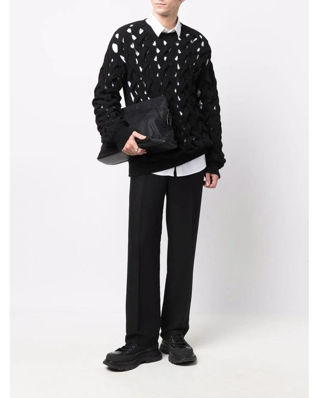 Valentino Black Woven Knitted Crew-Neck Jumper Clothing for men
