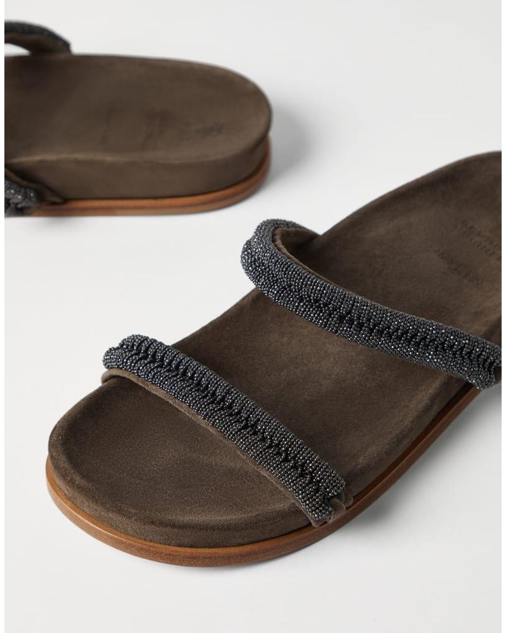 Brunello Cucinelli Gray Suede Sandals With Beaded Straps