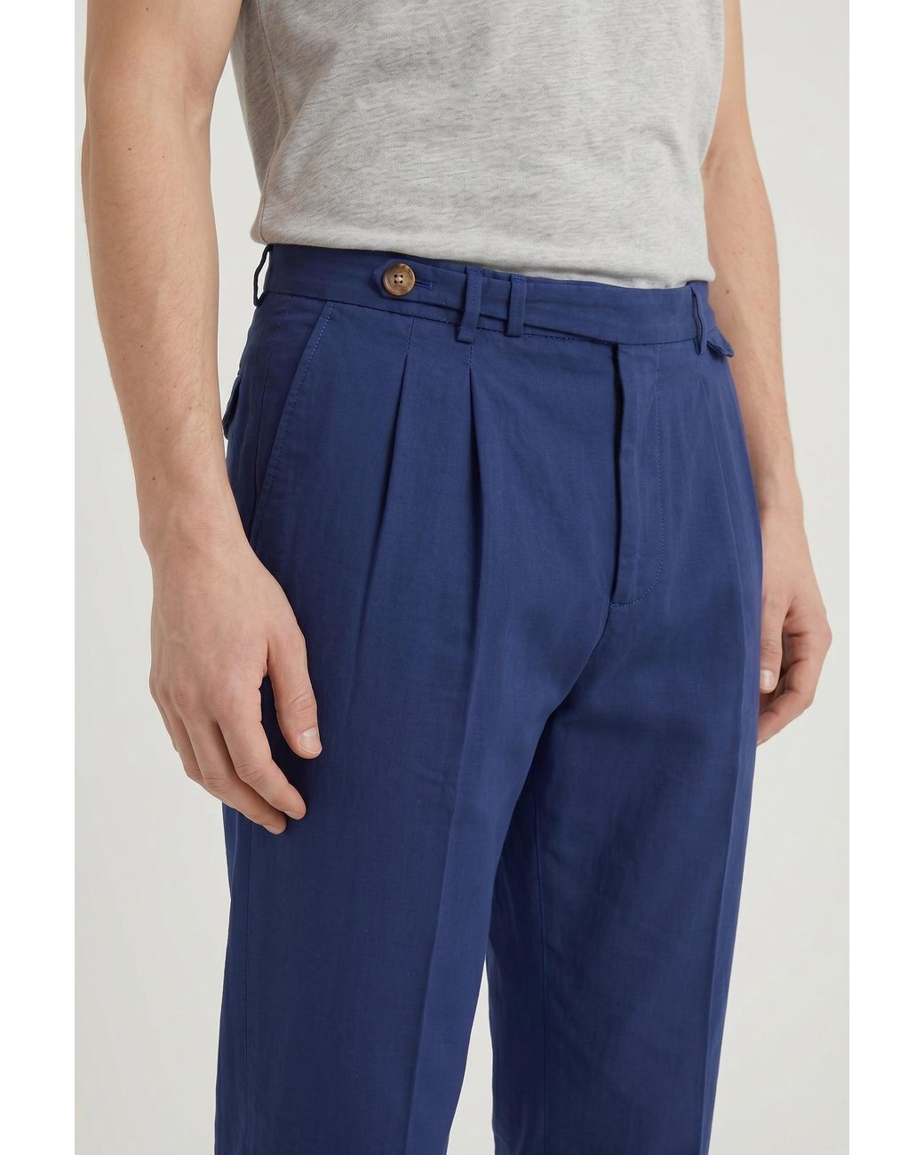 Brunello Cucinelli Blue Pleated Cotton Trousers for men