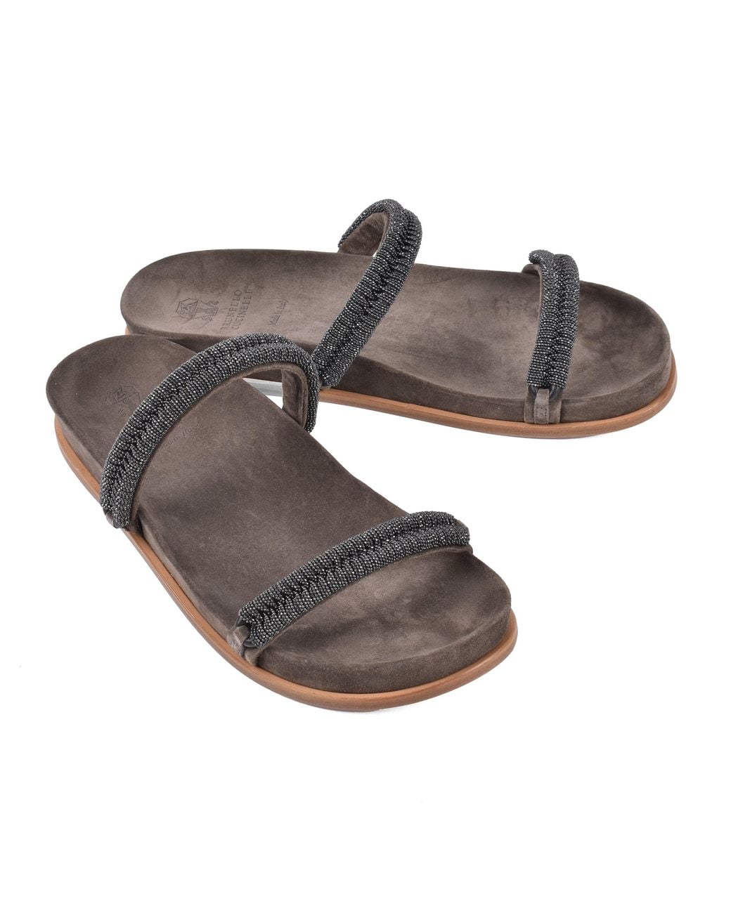 Brunello Cucinelli Gray Suede Sandals With Beaded Straps
