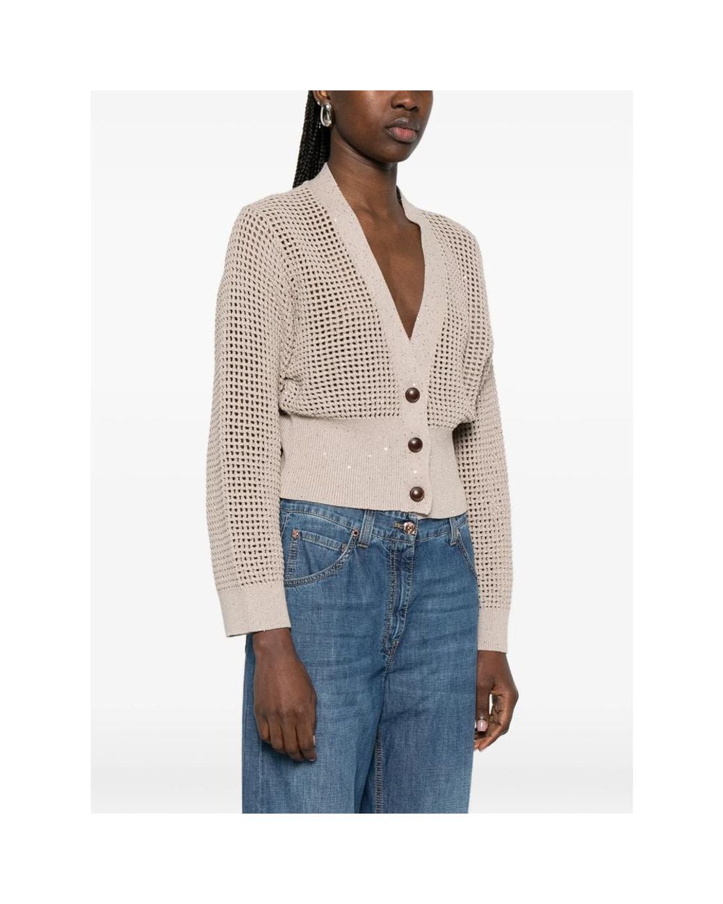 Brunello Cucinelli Natural Cadrigan Sequin Mesh Sweaters And Cardigans