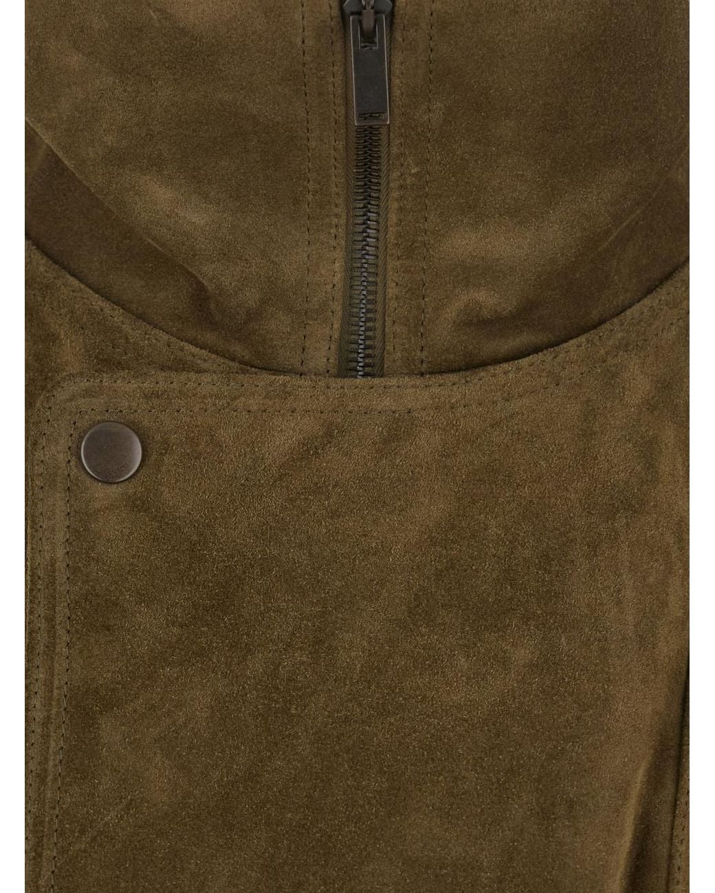 Saint Laurent Green Jacket Double-Breasted Suede High-Neck Coat