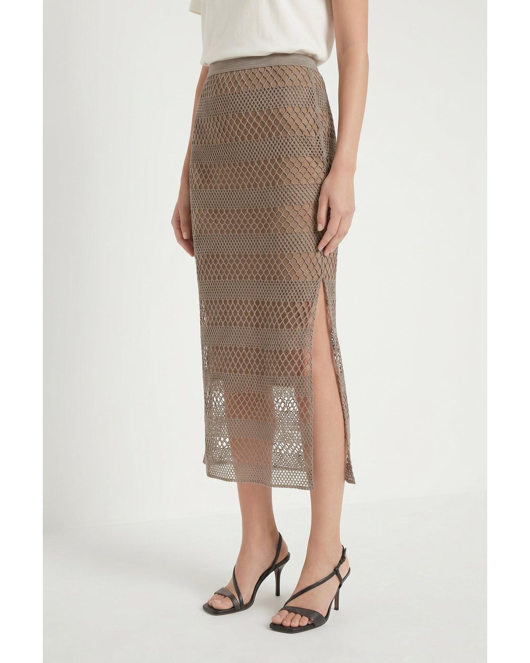 Brunello Cucinelli Natural Taupe Mesh Midi Skirt