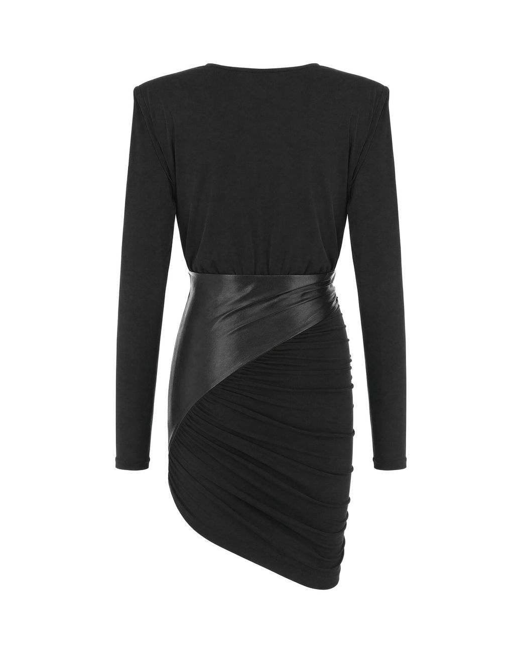 ANDAMANE Black Asymmetrical Draped Synthetic Leather Jersey Mini Dress