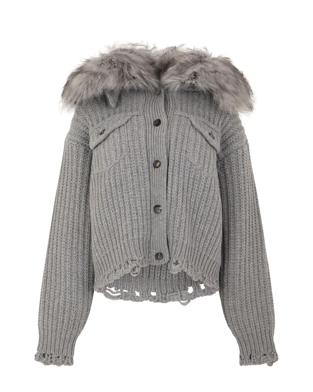 Blumarine Gray Cardigan With Fur Collar, Wool Cardigans