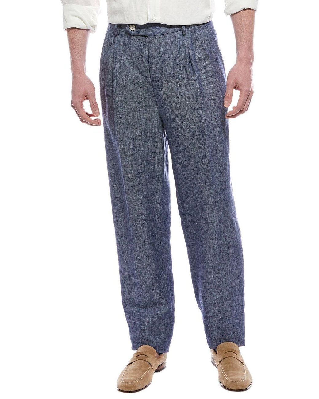 Brunello Cucinelli Blue Linen Pleated Trousers for men