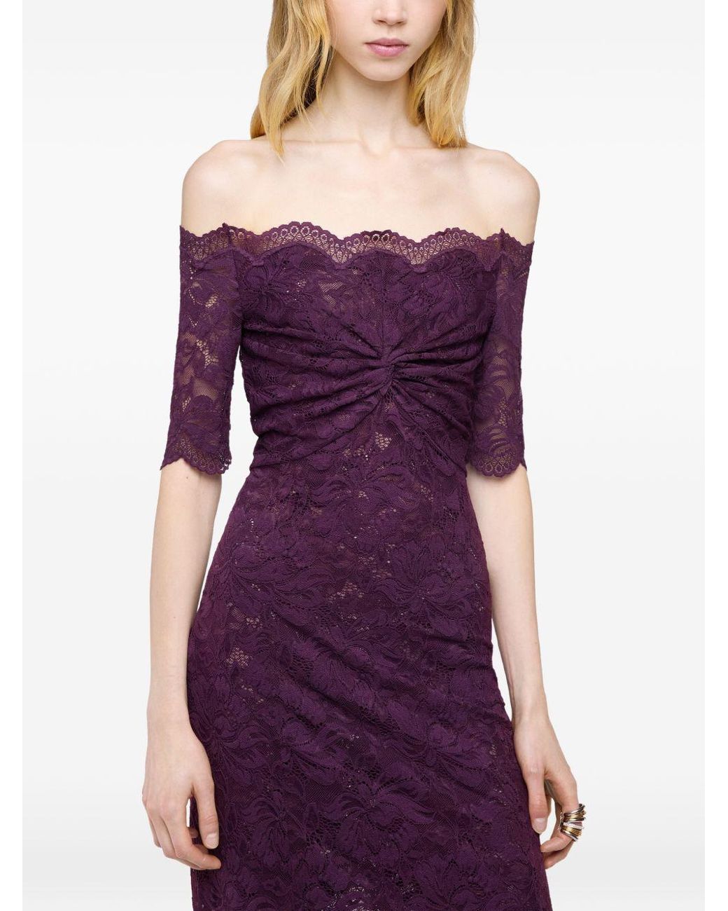 Rabanne Purple Floral Stretch Lace Layered Off-The-Shoulder Short-Sleeved Maxi Dress