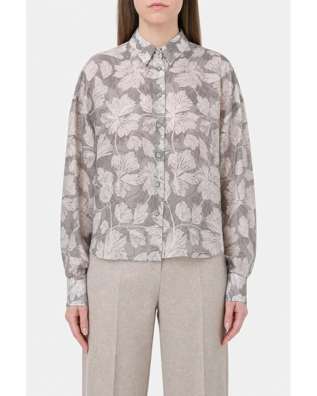 Brunello Cucinelli Gray Floral Silk Shirt