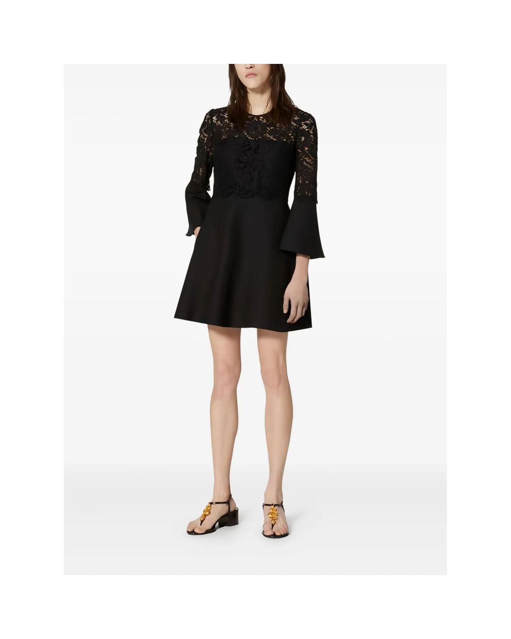 Valentino Black Lace-Paneled Flared Dress
