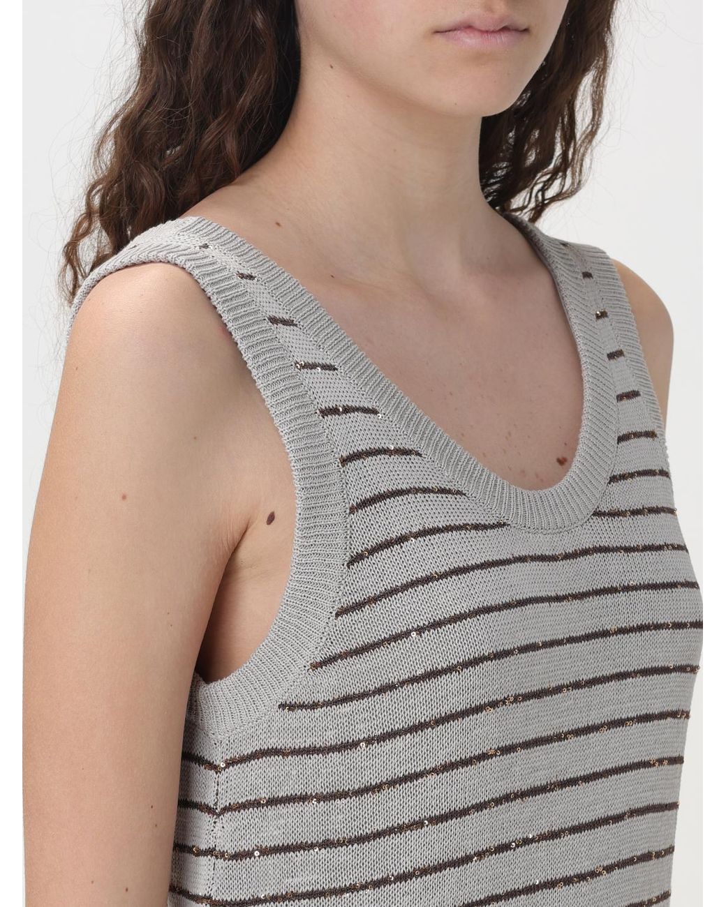 Brunello Cucinelli Gray Light Striped Sleeveless Dress