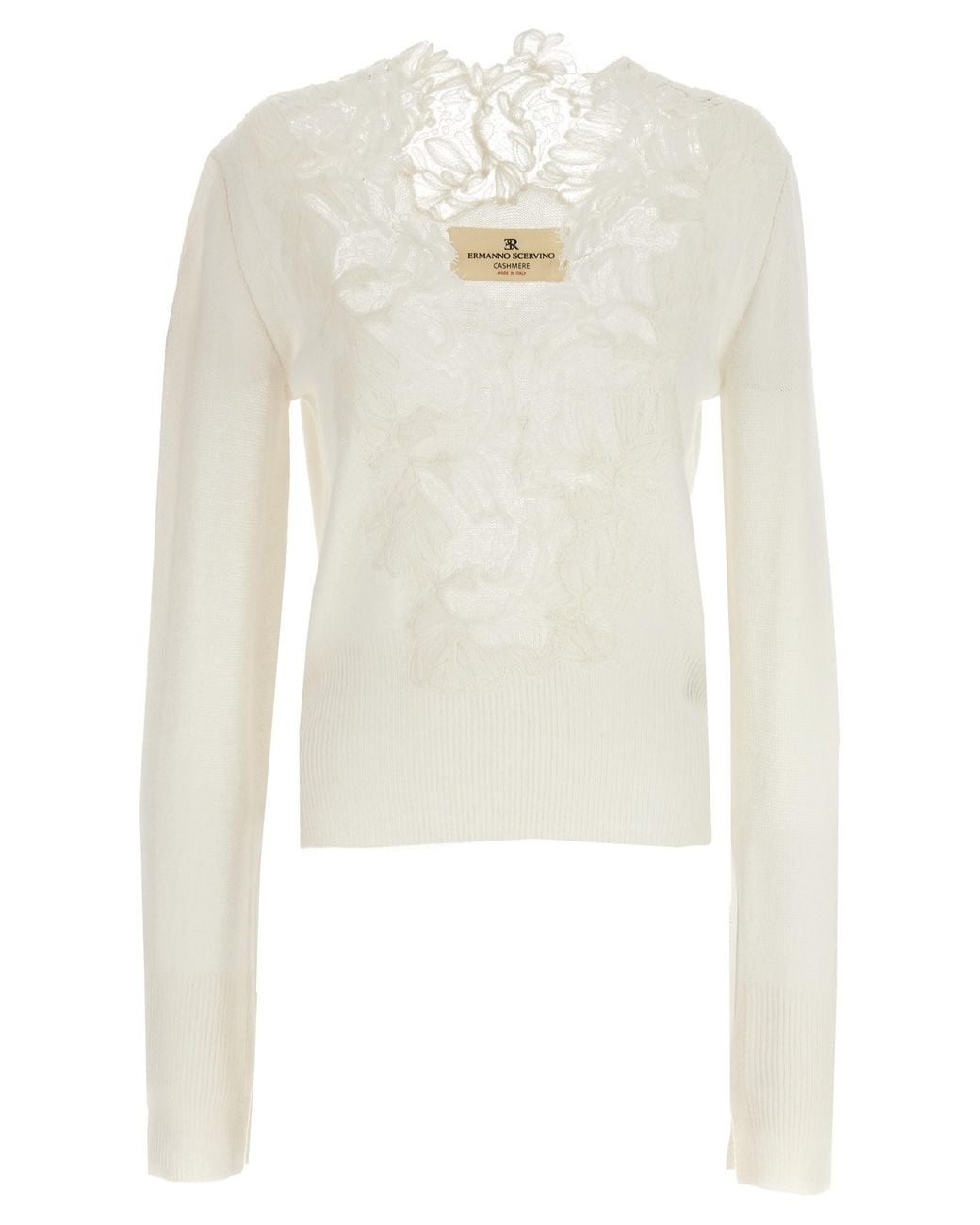 Ermanno Scervino Cashmere V-Neck Lace Insert Sweater in White | Lyst