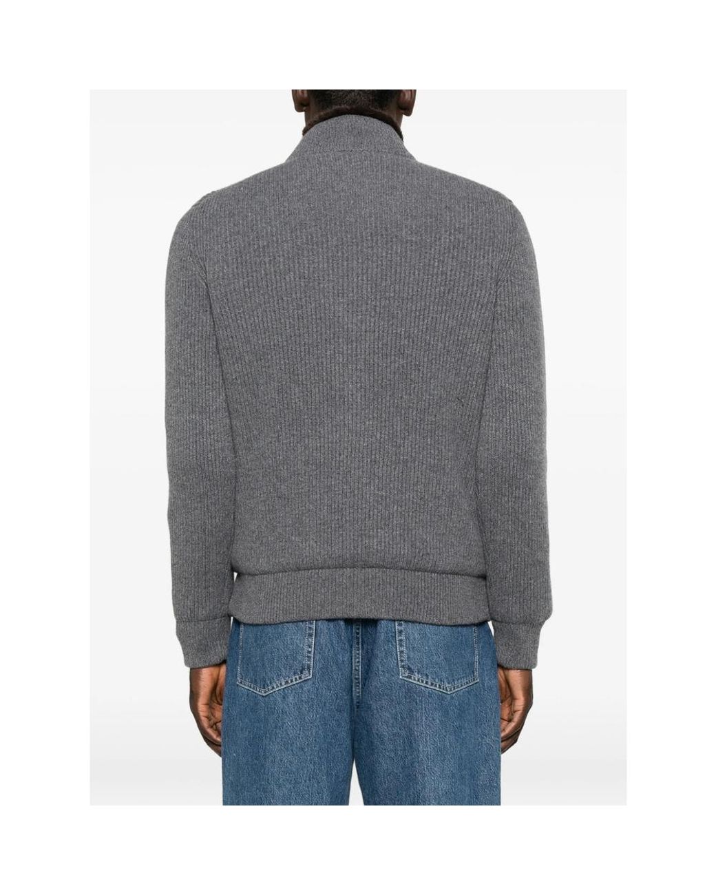 Barba Napoli Gray Fur-Trim Ribbed-Knit Jacket for men
