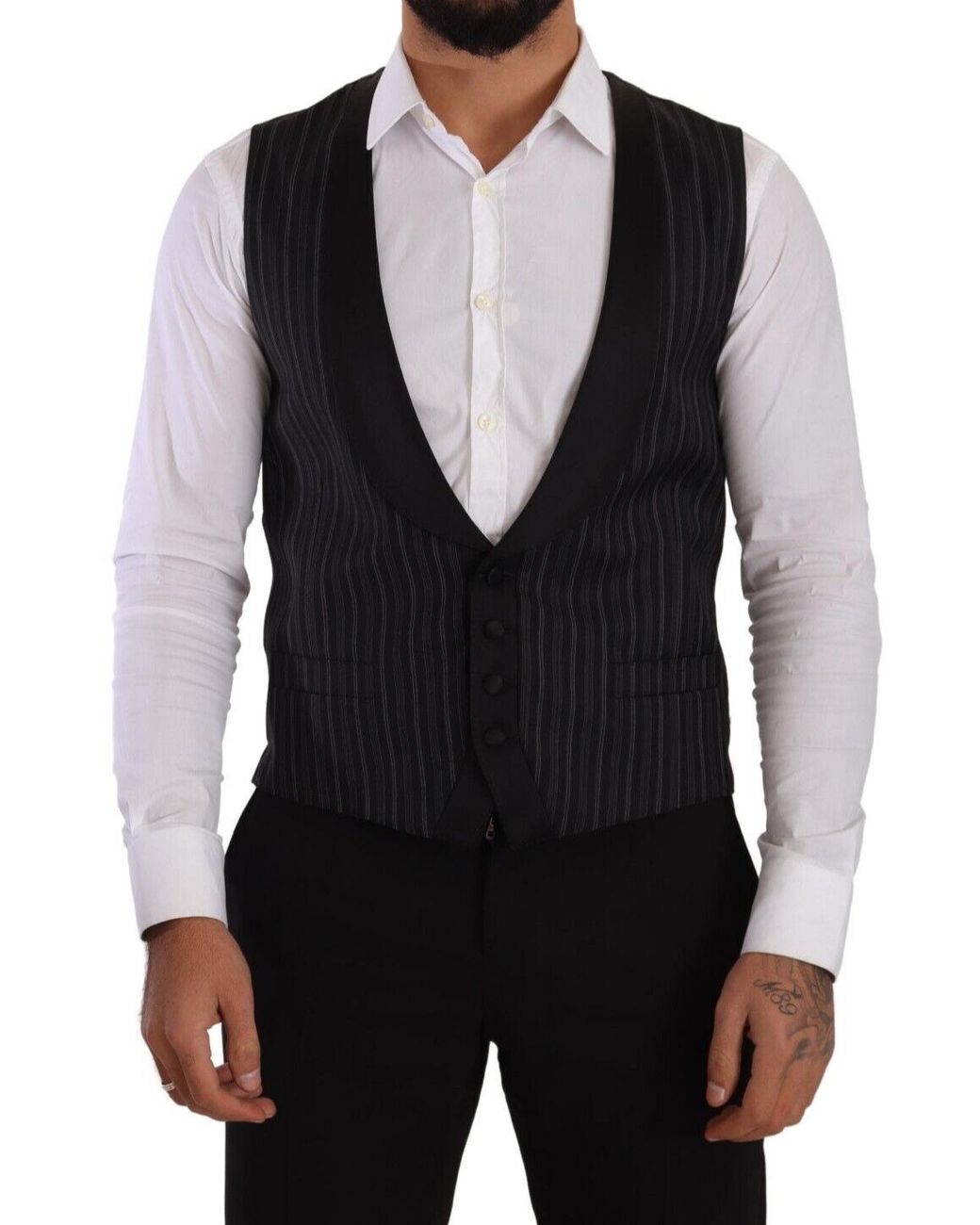 Dolce & Gabbana Black Dark Gray Striped Wool Silk Waistcoat Vest for men