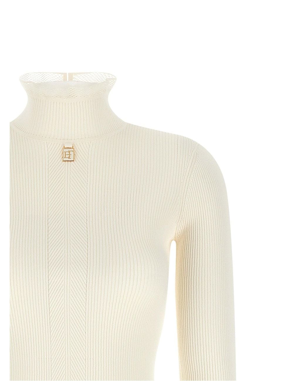 Elisabetta Franchi White Ribbed Knit Mock-Neck Dress