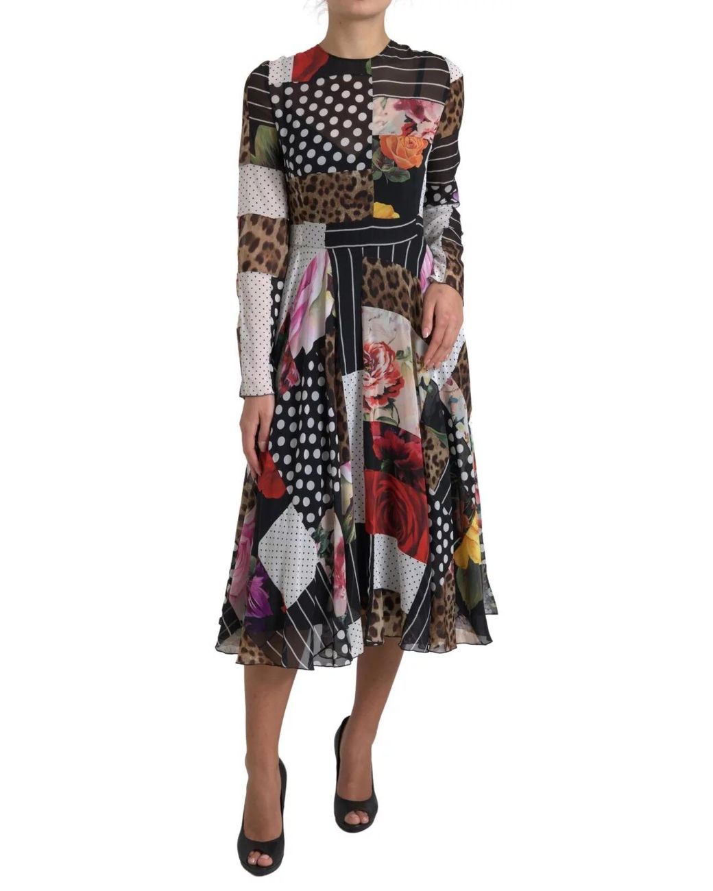 Dolce & Gabbana Black Patchwork Print Midi Dress