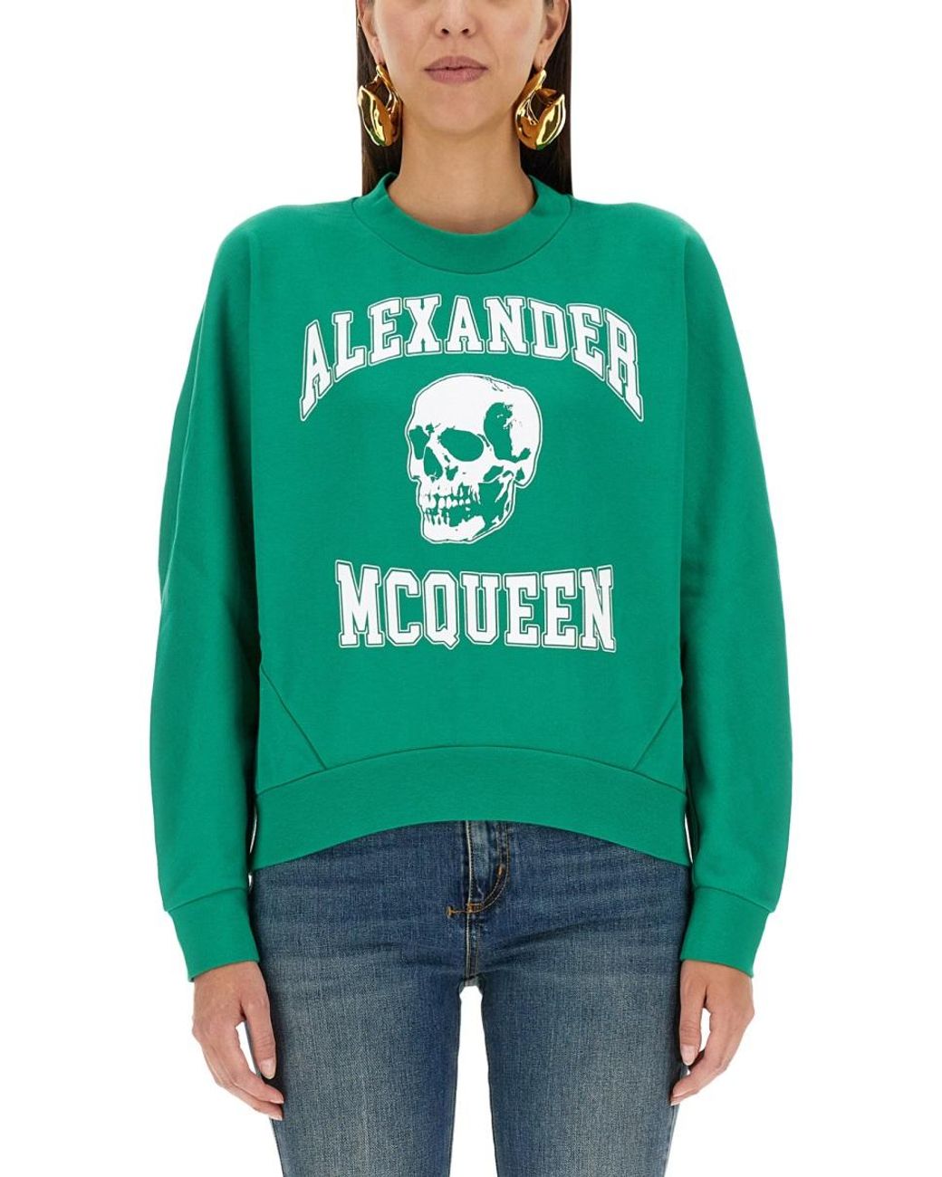 McQueen Green Varsity Skull Sweatshirt Cotton Sweatshirts