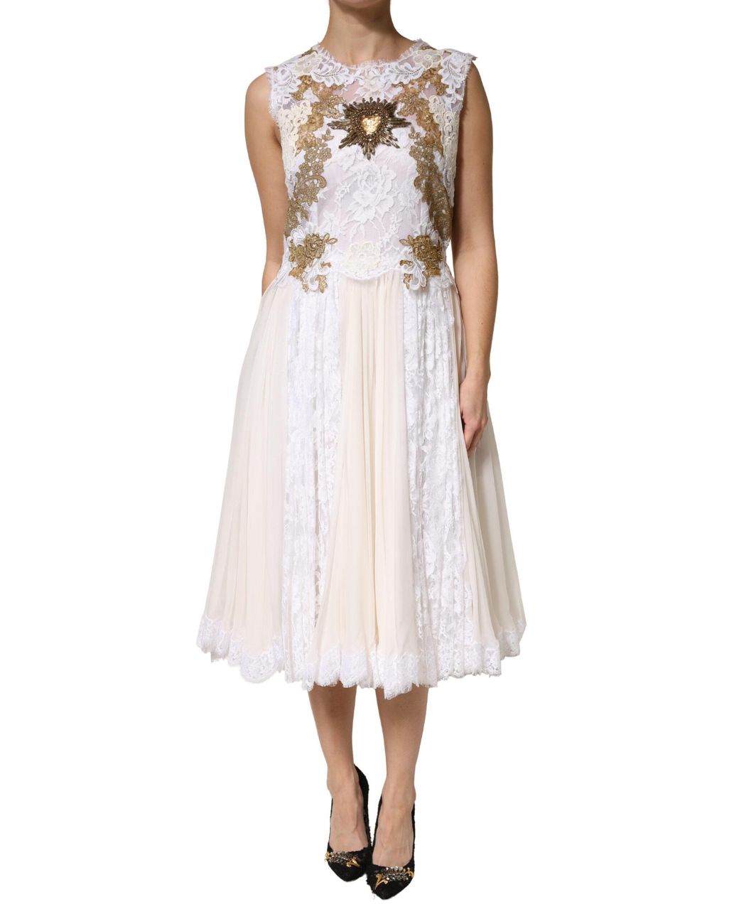 Dolce & Gabbana White Ivory Lace Silk Embellished Sleeveless Dress Cotton
