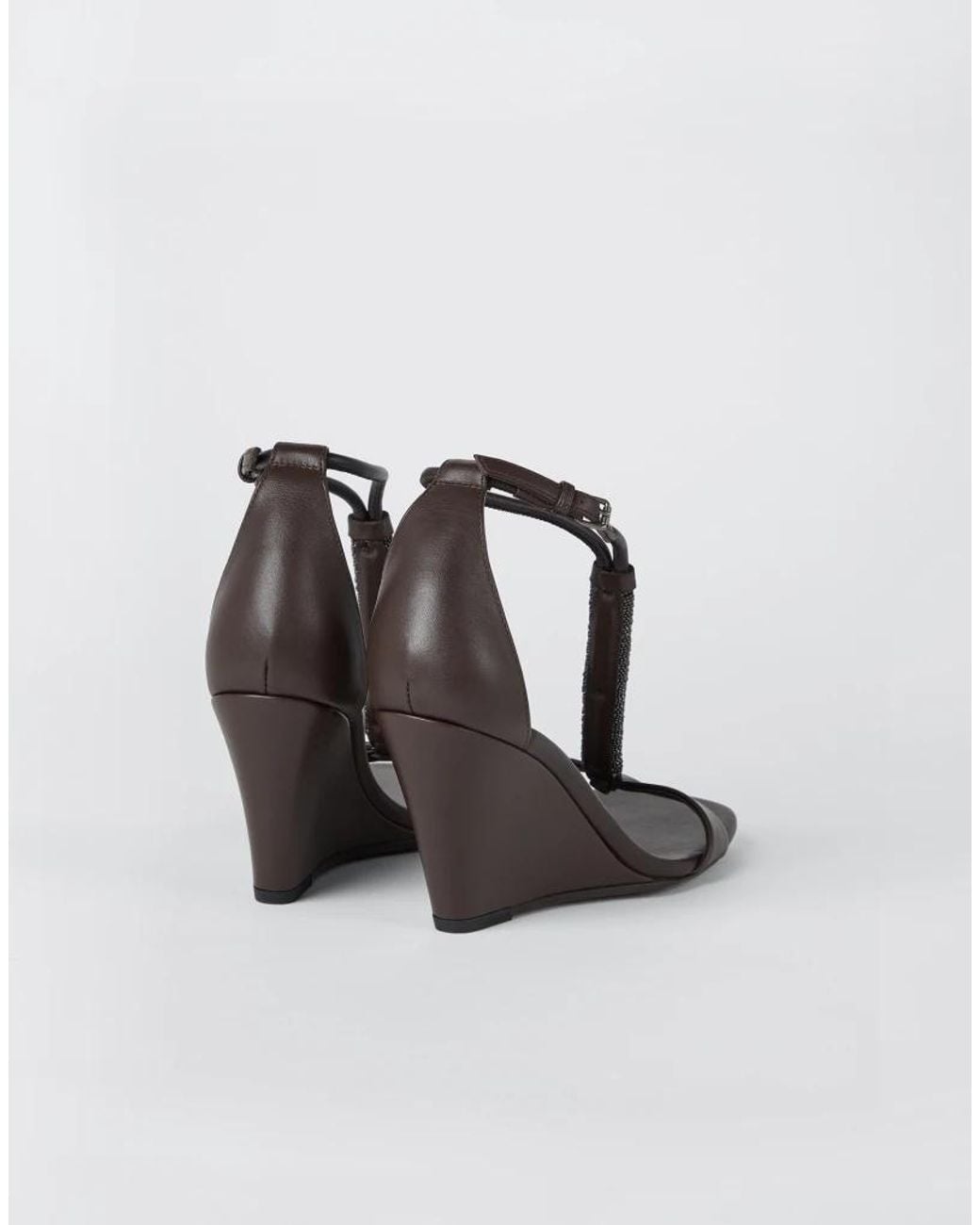 Brunello Cucinelli White Dark Leather Wedge Sandals