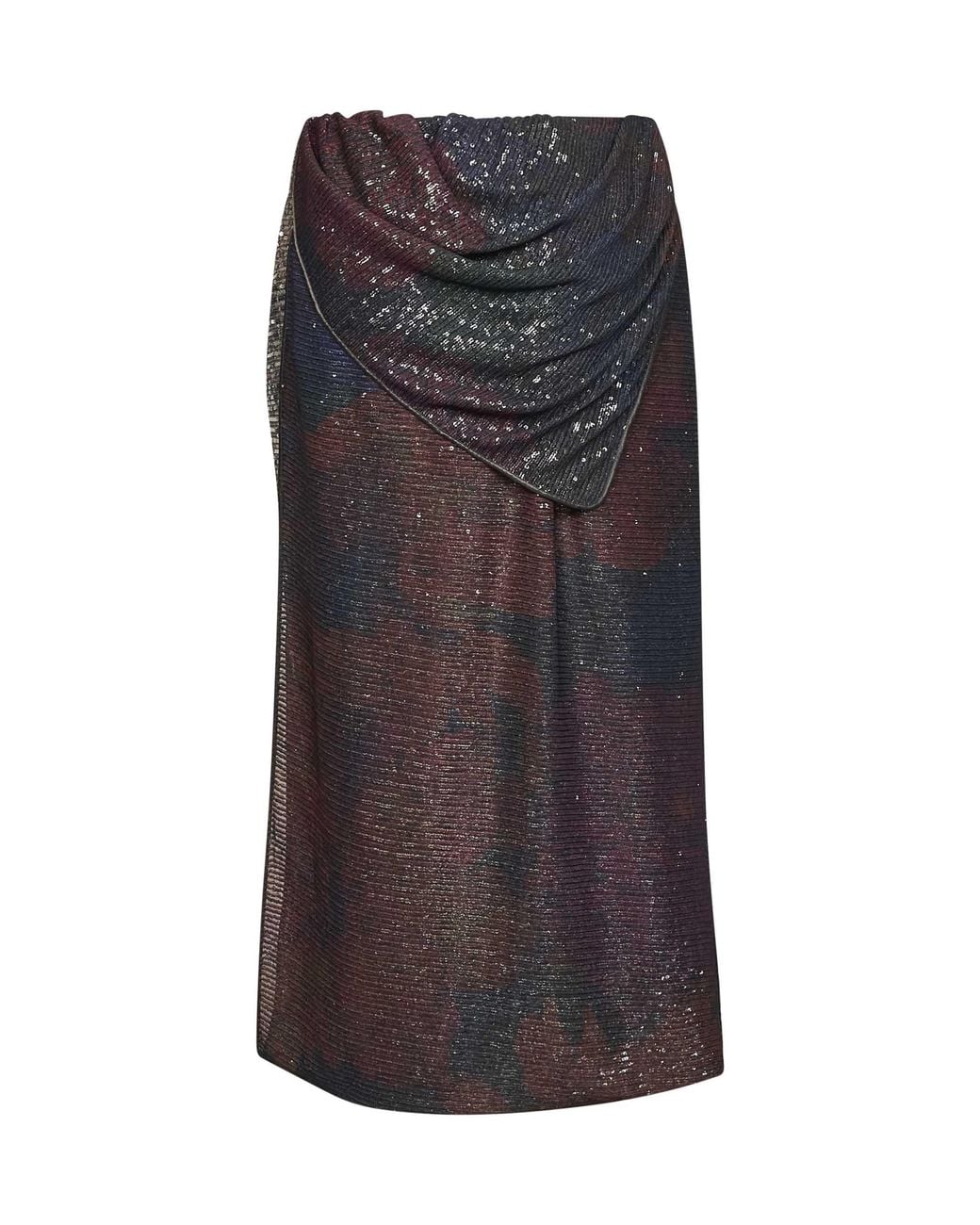 Maison Margiela Gray And Burgundy Printed Sequins Draped Midi Skirt