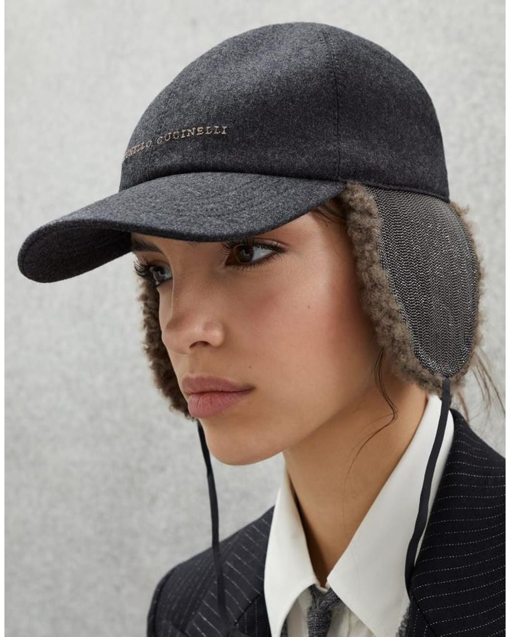 Brunello Cucinelli Black Charcoal Wool Hat With Shearling Ear Flaps