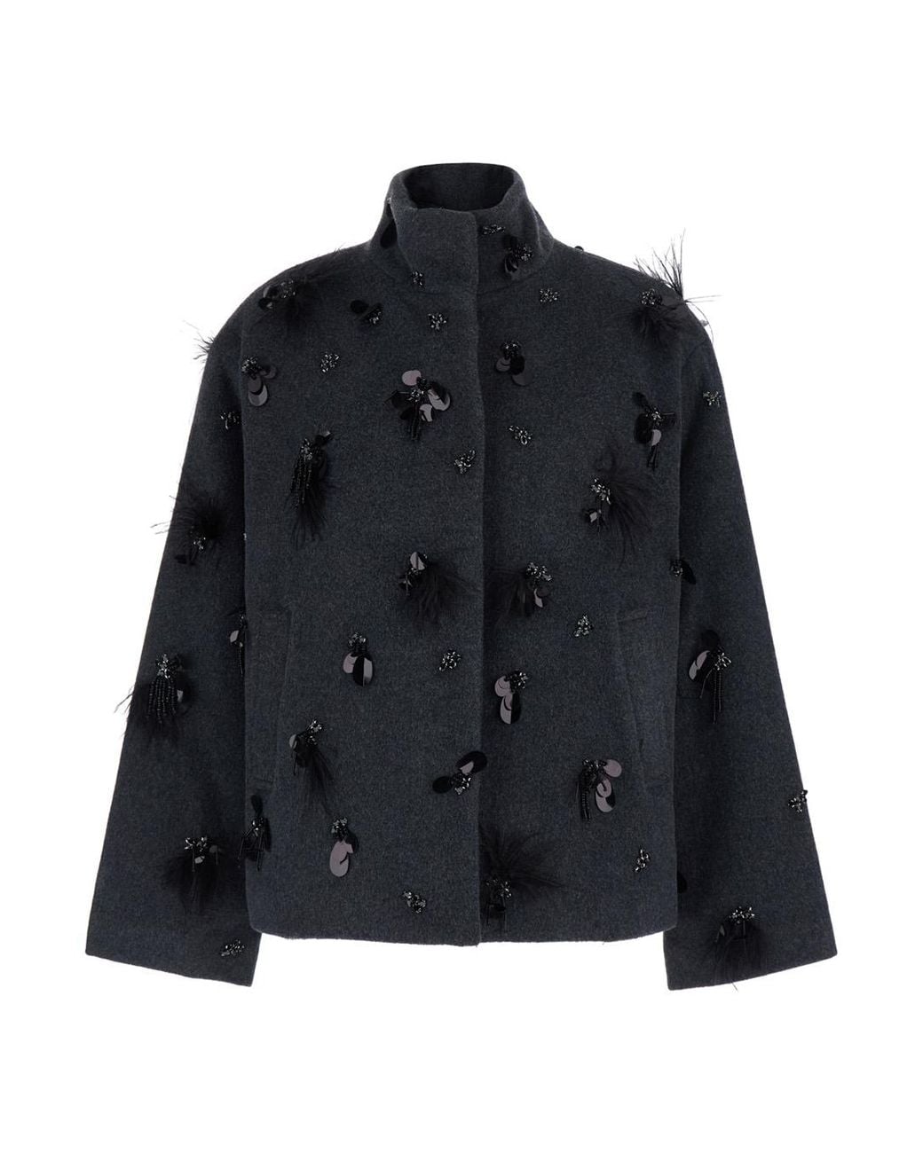 Jonathan Simkhai Black High-Neck Sequin Wool Blend Coat